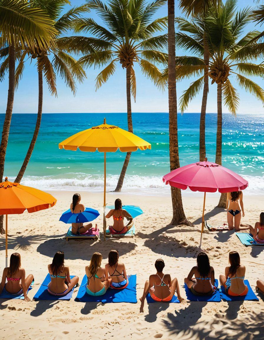 A vibrant beach scene featuring a diverse group of women of various body types confidently wearing stylish bikinis, showcasing their unique shapes. The setting includes colorful beach umbrellas, soft waves, and palm trees in the background, creating a cheerful and inclusive atmosphere. Sunlight sparkles on the water, emphasizing a mood of joy and celebration. The overall tone should be uplifting and inspiring. bright colors. super-realistic. high detail.
